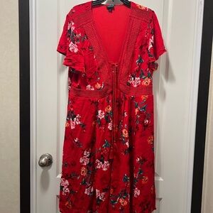 Torrid Red and White Wrap Midi Dress with Flutter Sleeves